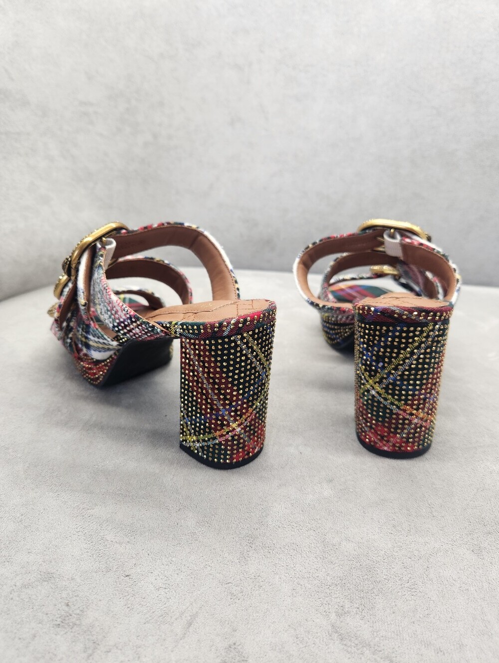 Kurt Geiger Heeled Mules 10 Plaid Mayfair Buckle Chunky Platform Sandal New $245 - Picture 13 of 16